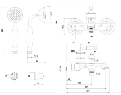 Смеситель ESKO "Prague" для ванны, с аксессуарами (PG54new) фото в интернет-магазине Русалия