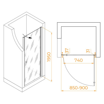 Душевая дверь Dolphin TN-03 900, стекло прозрачное, профиль хром фото в интернет-магазине Русалия