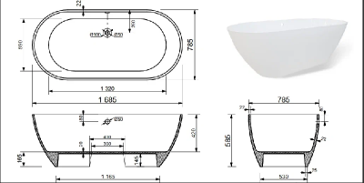 Ванна отдельно стоящая "SOFA" 1680Х785 VSO168785 из литьевого мрамора Shruders фото в интернет-магазине Русалия