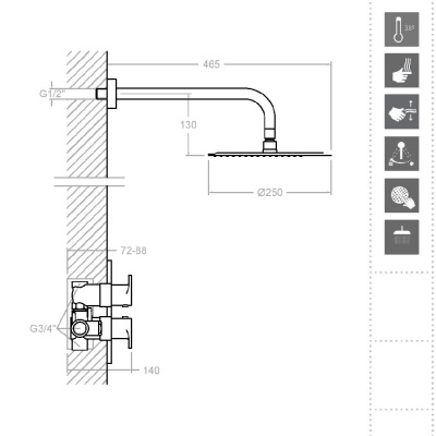 Встраиваемая термостатическая душевая система с тропическим душем TZAR K3424012 Ramon Soler фото в интернет-магазине Русалия