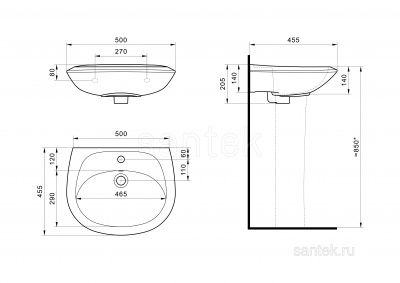 Раковина Santek Бриз 55 отверстие под смеситель 1WH110460 фото в интернет-магазине Русалия