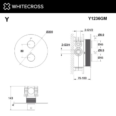 Смеситель термостатический для душа скрытого монтажа WHITECROSS Y Y1236GM (оружейная сталь) фото в интернет-магазине Русалия