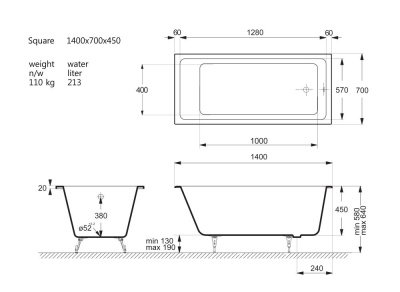 Ванна чугунная Vinsent Veron Square 140x70x45 VSQ1407045 фото в интернет-магазине Русалия