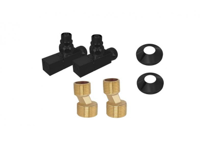 Комплект фитингов для нижнего подключения водяных полотенцесушителей типа лесенка Aquatek ( вентиль квадрат г/ш 3/4х1/2 - 2 шт + эксцентрик 3/4х1/2 - 2 шт + отражатель 3/4 - 2 шт), цвет черный муар AQ 2020BL фото в интернет-магазине Русалия