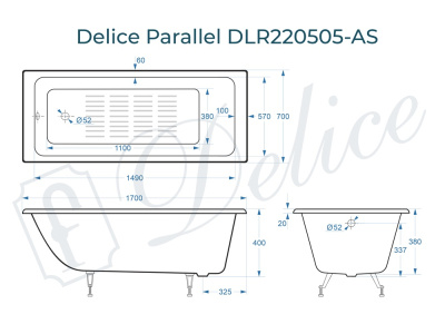 Чугунная ванна Parallel 170х70 DLR220505-AS с антислипом Delice фото в интернет-магазине Русалия