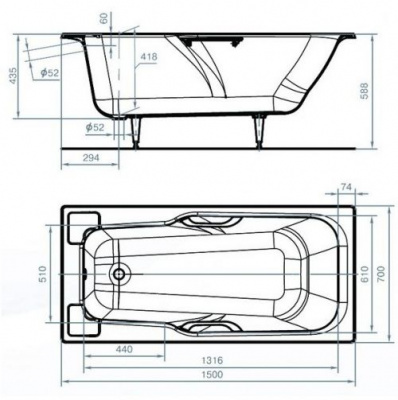 Ванна чугунная Нега 150х70 Универсал фото в интернет-магазине Русалия
