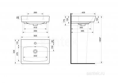 Раковина Santek Нео 50 отверстие под смеситель 1WH302184 фото в интернет-магазине Русалия