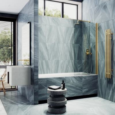 Распашная шторка для ванны поворотная на монопетле 60 см, стекло прозрачное, профиль золото MGV-598-3 Maybah Glass фото в интернет-магазине Русалия