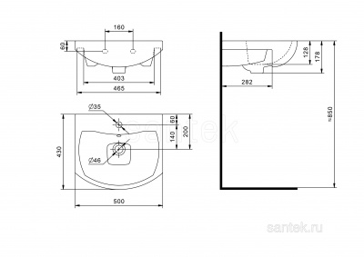 Раковина Santek Балтика 50 отверстие под смеситель 1WH501701 фото в интернет-магазине Русалия