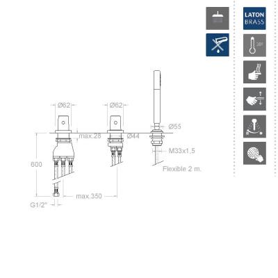 Термостатический смеситель на борт ванны с душевым комплектом URBAN CHIC K2187011 Ramon Soler фото в интернет-магазине Русалия