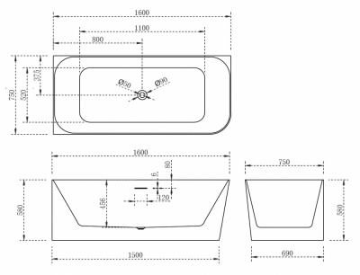 Акриловая ванна ABBER AB9331-1.6 L 160х75х58 см фото в интернет-магазине Русалия