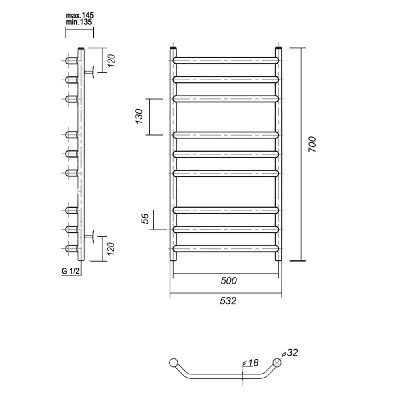 Водяной полотенцесушитель Лаура П9 500x700, хром Domoterm фото в интернет-магазине Русалия