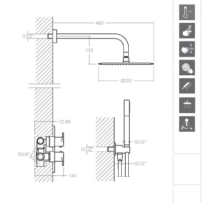Встраиваемая термостатическая душевая система с тропическим душем и душевым комплектом ALEXIA K3687011 Ramon Soler фото в интернет-магазине Русалия