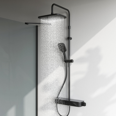 F078F222 Func, душ. система: см-ль-полка д/душа с ТМС: душ.штанга, верхн. душ квадр., ручн.душ, черн фото в интернет-магазине Русалия