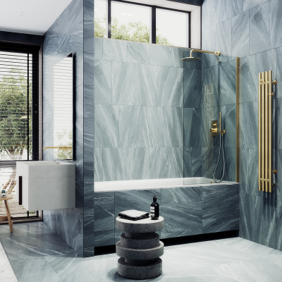 Неподвижная шторка для ванны в широком профиле 80 см, стекло прозрачное, профиль золото MGV-64-3ш Maybah Glass фото в интернет-магазине Русалия