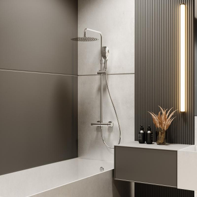 Душевая термостатическая система наружнего монтажа с телескопическим тропическим душем и душевым комплектом URBAN CHIC 215401RM300 Ramon Soler фото в интернет-магазине Русалия