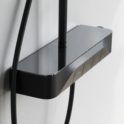 F078F222 Func, душ. система: см-ль-полка д/душа с ТМС: душ.штанга, верхн. душ квадр., ручн.душ, черн фото в интернет-магазине Русалия