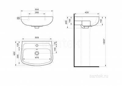Раковина Santek Лонги 550х420 отверстие под смеситель 1WH501755 фото в интернет-магазине Русалия