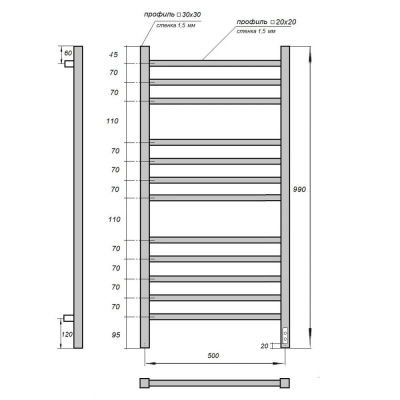 Полотенцесушитель электрический Point Вега PN71850 П12 500x1000, диммер справа, хром фото в интернет-магазине Русалия