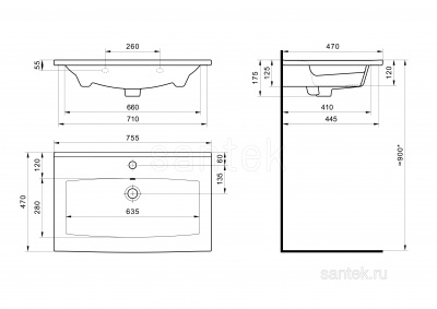 Раковина Santek Элина 75 отверстие под смеситель 1WH501619 фото в интернет-магазине Русалия