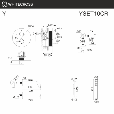 Термостатическая система для ванны скрытого монтажа WHITECROSS Y YSET10CR (хром) фото в интернет-магазине Русалия