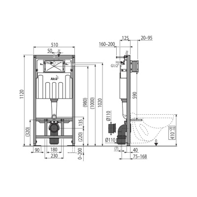 Комплект унитаз с инсталляцией 6 в 1 WC ALCA RIMFLOW и панелью смыва M1720-1 Alcaplast фото в интернет-магазине Русалия