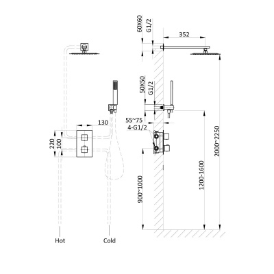 Душевой комплект VSFW-102TMB термостатический встраиваемый, двухрежимный, черный Vincea фото в интернет-магазине Русалия