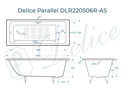 Чугунная ванна Parallel 180х80 DLR220506R-AS с ручками, с антислипом Delice фото в интернет-магазине Русалия