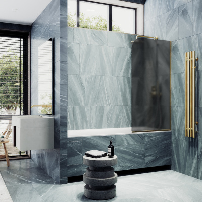 Неподвижная шторка для ванны в узком профиле 64 см, стекло тонированное (графит) матовый, профиль золото MGV-145-3у Maybah Glass фото в интернет-магазине Русалия