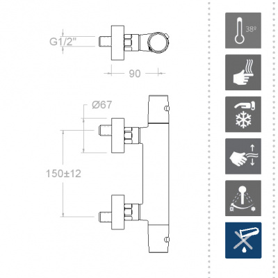 Термостатический смеситель для душа наружнего монтажа TZAR 343401SOC золото брашированное Ramon Soler фото в интернет-магазине Русалия