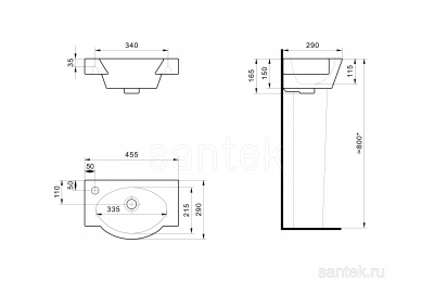 Раковина Santek Форум 45 отверстие под смеситель слева 1WH110542 фото в интернет-магазине Русалия