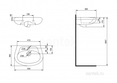 Раковина Santek Бриз 50 отверстие под смеситель 1WH110451 фото в интернет-магазине Русалия