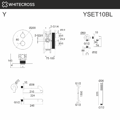 Термостатическая система для ванны скрытого монтажа WHITECROSS Y YSET10BL (черный мат) фото в интернет-магазине Русалия