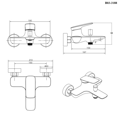 BOND Cube B03-3188 Смеситель черный однорычажный для ванны/душа фото в интернет-магазине Русалия