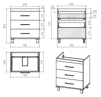 Тумба Терра 70 (серая) с раковиной Cersanit Como 70 Misty фото в интернет-магазине Русалия