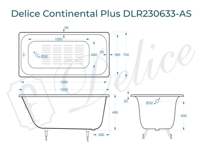 Ванна чугунная Delice Continental PLUS 150х70 с антискользящим покрытием DLR230633-AS фото в интернет-магазине Русалия