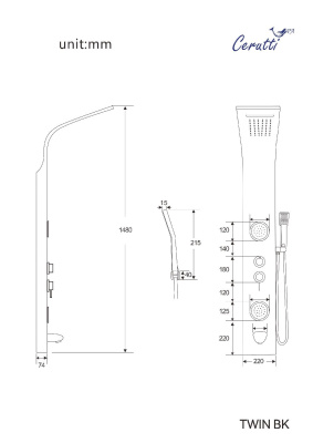Панель TWIN BK душевая из нержавеющей стали с форсунками Ceruttispa CT9984, цвет черный фото в интернет-магазине Русалия