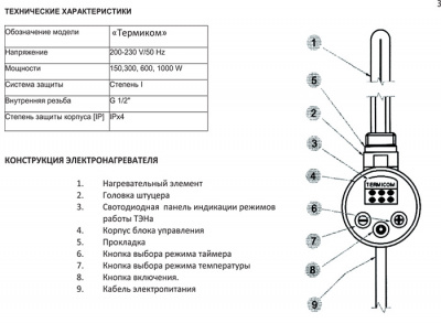 ТЭН ТЕРМИКОМ со светодиодами, 300 Вт, цвет ХРОМ, шнур серый витой фото в интернет-магазине Русалия