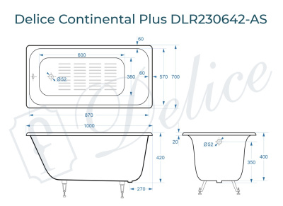 Ванна чугунная Delice Continental PLUS 100х70 с антискользящим покрытием DLR230642-AS фото в интернет-магазине Русалия