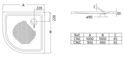 Стальной душевой поддон полукруг C96C 90x90 BLB фото в интернет-магазине Русалия