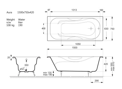 Ванна чугунная Vinsent Veron Aura 150x75x42 VAU1507542 фото в интернет-магазине Русалия