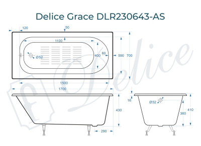 Ванна чугунная Delice Grace 170х70 с антискользящим покрытием DLR230643-AS фото в интернет-магазине Русалия
