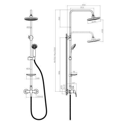 Смеситель Rossinka A для душа с регулируемой высотой штанги и лейкой Тропический дождь (A35-45) фото в интернет-магазине Русалия