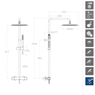 Душевая термостатическая система наружнего монтажа с телескопическим тропическим душем и душевым комплектом DRAKO 334803RP300 Ramon Soler фото в интернет-магазине Русалия