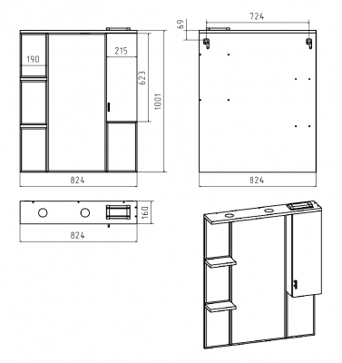 Зеркальный шкаф Дива 85 правый П-Див04085-013П Misty фото в интернет-магазине Русалия