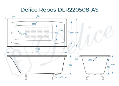 Чугунная ванна Repos 170х70 DLR220508-AS с антислипом Delice фото в интернет-магазине Русалия
