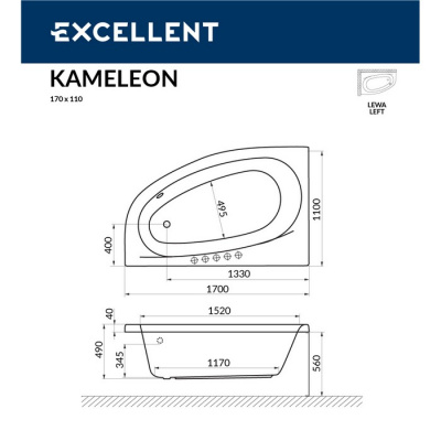 Акриловая ванна EXCELLENT Kameleon 170x110 (лев.)  WAEX.KML17WH фото в интернет-магазине Русалия