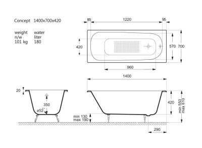 Ванна чугунная Vinsent Veron Concept 140x70x42 с антискользящим покрытием VCO1407042-AS фото в интернет-магазине Русалия