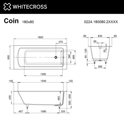 Ванна WHITECROSS Coin 180x80 (RAL мат) иск. камень 0224.180080.2XXXX фото в интернет-магазине Русалия