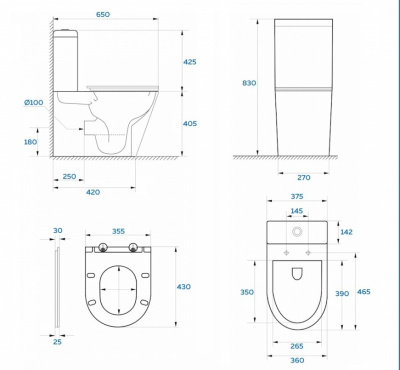 Унитаз-компакт безободковый с сиденьем микролифт Rim SH0810 SHRUDERS фото в интернет-магазине Русалия